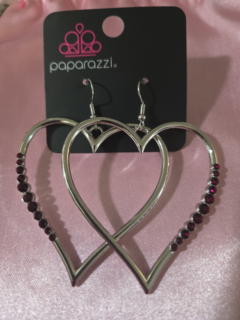 Paparazzi Silver Heart Hoop Earrings with Pink Gem Accents